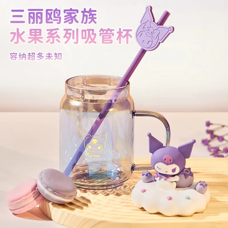sanrio children's cute glass kuromi cartoon large capacity household milk coffee cup creativity office straw cup holiday gift