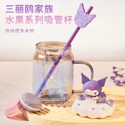 sanrio children's cute glass kuromi cartoon large capacity household milk coffee cup creativity office straw cup holiday gift