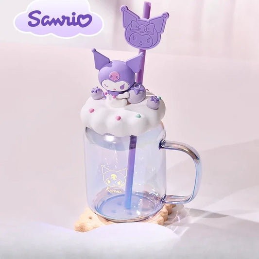 sanrio children's cute glass kuromi cartoon large capacity household milk coffee cup creativity office straw cup holiday gift