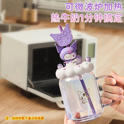sanrio children's cute glass kuromi cartoon large capacity household milk coffee cup creativity office straw cup holiday gift