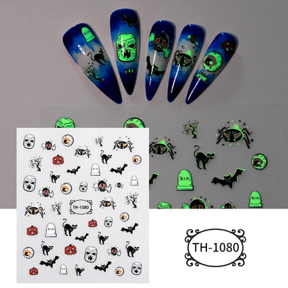2pcs Halloween Luminous night Dark Style Ghost Skull Cat blood palm 3D Self Adhesive Nail Art Sticker DIY Manicure