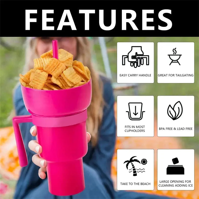 Stadium Tumbler Popcorn Drink Cola Cup 2 In 1 Snackies Cup Portable Splash Snack Bowl Chicken Storage Bowl with Handle Straw Cup upscaleclicks