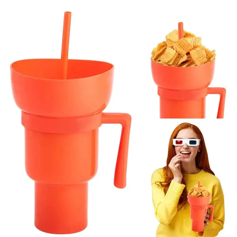 Stadium Tumbler Popcorn Drink Cola Cup 2 In 1 Snackies Cup Portable Splash Snack Bowl Chicken Storage Bowl with Handle Straw Cup upscaleclicks