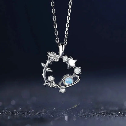 VOQ Silver Color Pendant Necklace Female Inset Zircon Little Prince Rose Necklace Collarbone Chain Jewelry Gift upscaleclicks