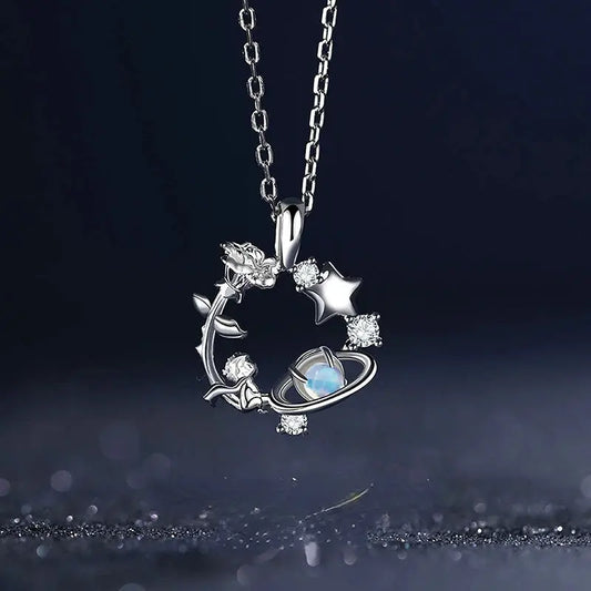 VOQ Silver Color Pendant Necklace Female Inset Zircon Little Prince Rose Necklace Collarbone Chain Jewelry Gift upscaleclicks