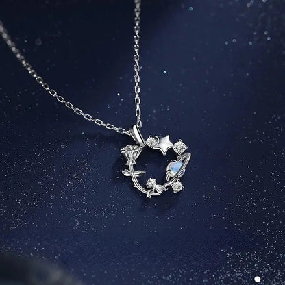 VOQ Silver Color Pendant Necklace Female Inset Zircon Little Prince Rose Necklace Collarbone Chain Jewelry Gift upscaleclicks