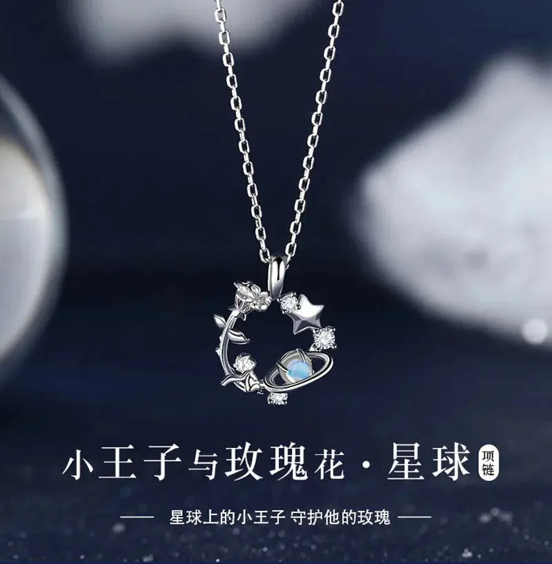 VOQ Silver Color Pendant Necklace Female Inset Zircon Little Prince Rose Necklace Collarbone Chain Jewelry Gift upscaleclicks