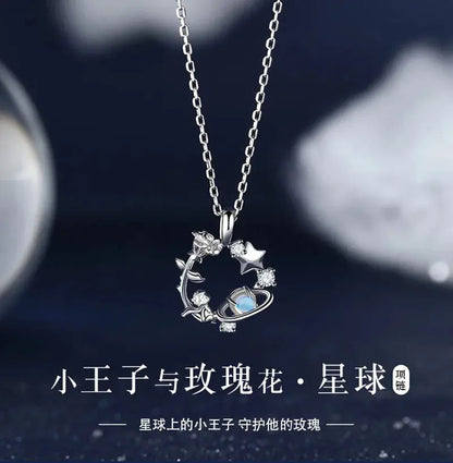VOQ Silver Color Pendant Necklace Female Inset Zircon Little Prince Rose Necklace Collarbone Chain Jewelry Gift upscaleclicks