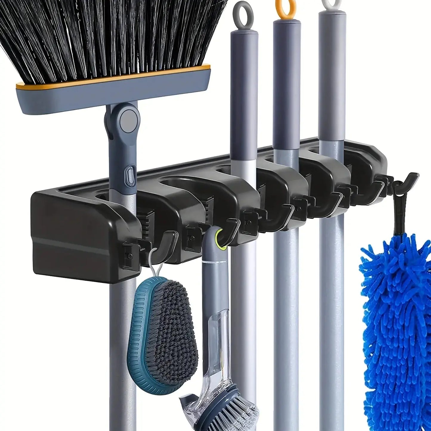 Wall Mounted Mop Holder 3/4/5 Position Multi-Functional Broom Hanger Shelf Home Kitchen Storage Black Magic Plastic Mop Holder upscaleclicks