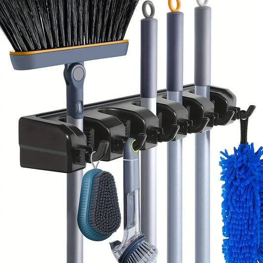 Wall Mounted Mop Holder 3/4/5 Position Multi-Functional Broom Hanger Shelf Home Kitchen Storage Black Magic Plastic Mop Holder upscaleclicks