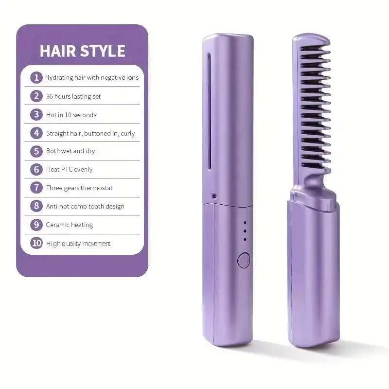 Wireless Hair Hot Comb Portable Mini USB Rechargeable Hair Straightener Fast Heating Hair Straightening Styling Tool