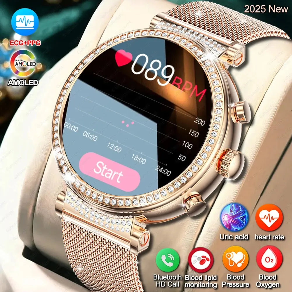 Women diamond Smart Watch ECG Women Health tracking Watch Full Touch Screen BT Call Custom dial Smartwatch For Huawei Xiaomi IOS upscaleclicks