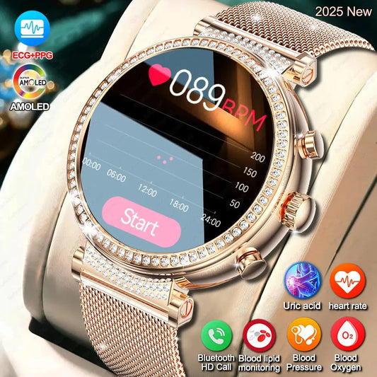 Women diamond Smart Watch ECG Women Health tracking Watch Full Touch Screen BT Call Custom dial Smartwatch For Huawei Xiaomi IOS upscaleclicks
