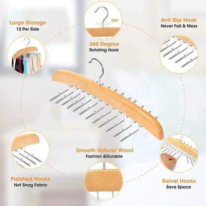 Wooden Underwear Hanger 360° Rotation Space Saving Camisole Storage Rack With 24 Hooks for Dress Tank Top Tie Closet Organizer upscaleclicks