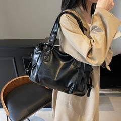 Casual Retro Solid Color PU Large Capacity Shoulder Bag