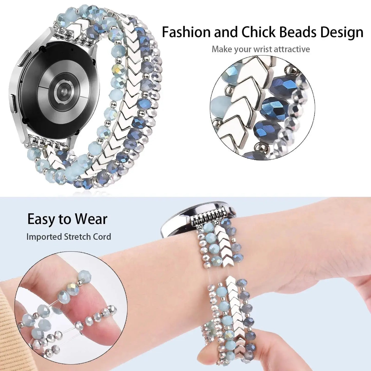 for Samsung Galaxy Watch 6/5/4 40/44mm Bands/Active 2 Watch 4 42/46mm Band Women, 20mm Handmade Fashion  Elastic Crystal Beads upscaleclicks