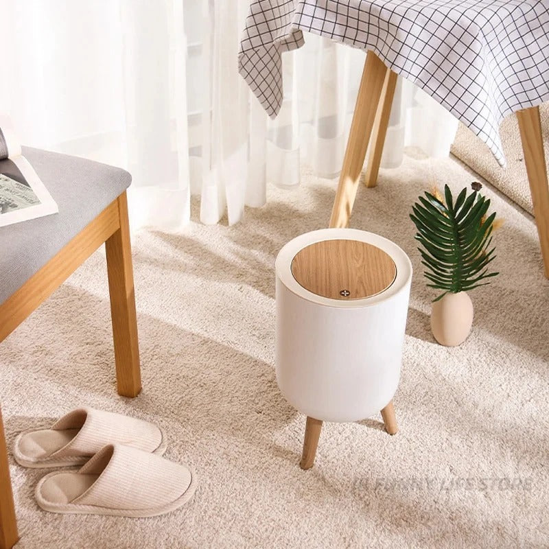 Wooden High Foot Trash Can For Bathroom Creative Kitchen