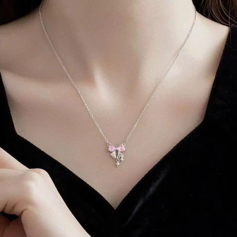 Sweet Pink Bow Necklace Ladies Fashion Sparkling Rhinestone Star