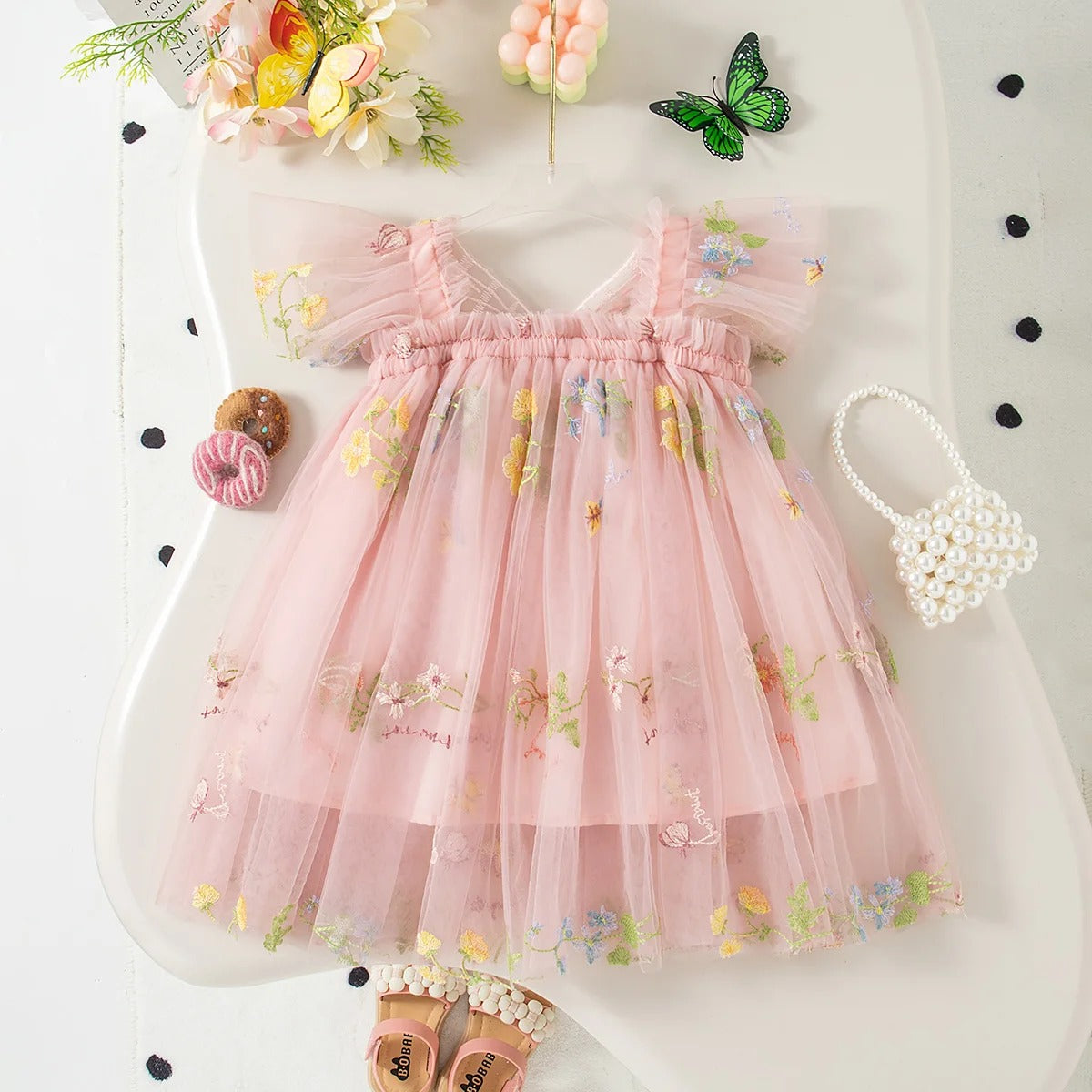Girls' Dress Summer Floral Mesh Little Flying Sleeve Baby Girl Dress