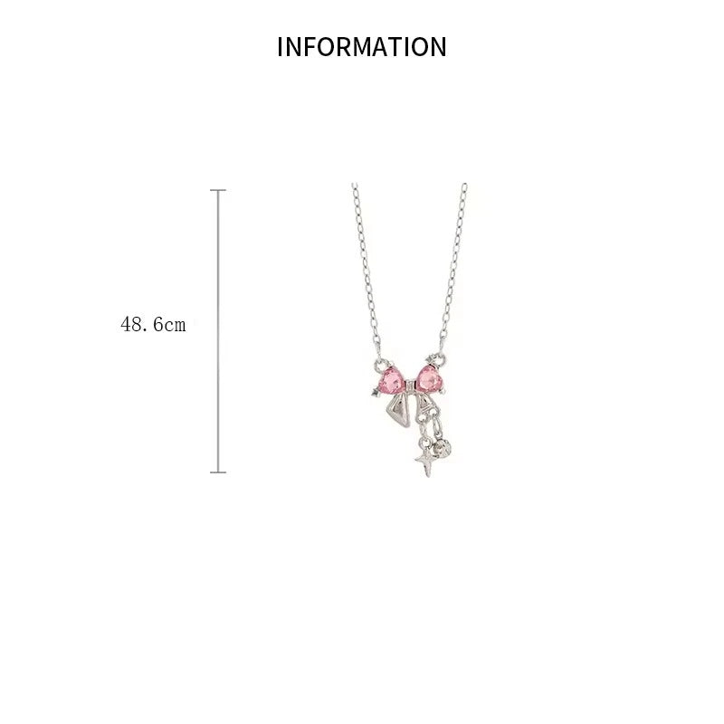 Sweet Pink Bow Necklace Ladies Fashion Sparkling Rhinestone Star
