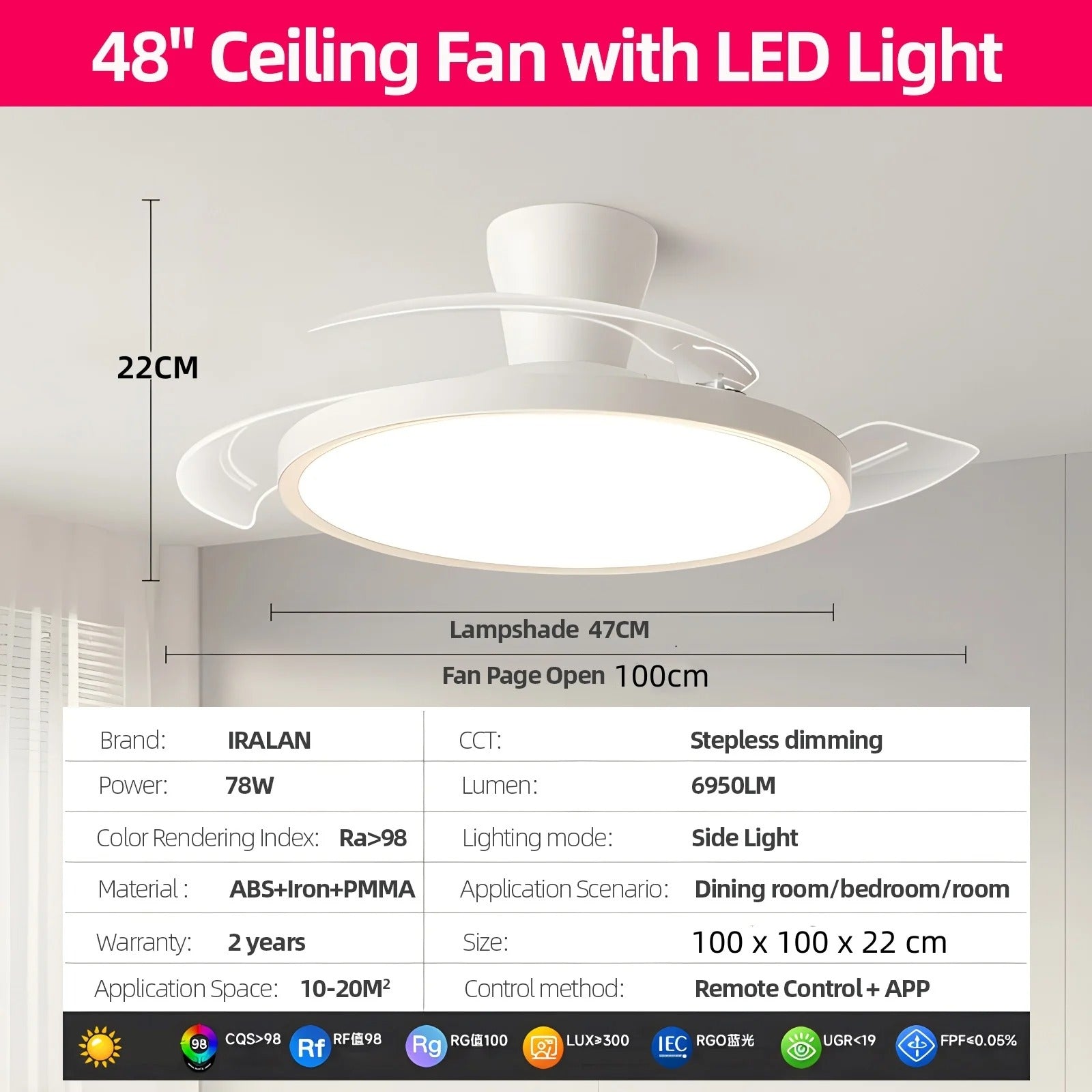 Jelena Invisible Fan Light with 3 Retractable Blades Bedroom Living Room