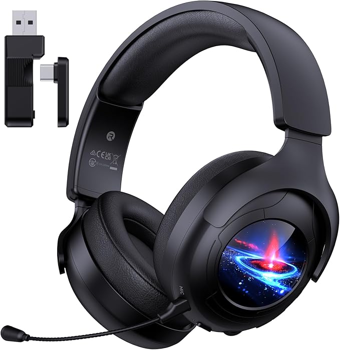 2.4GHz Gaming Headset Wireless for PS5, PS4, PC, Switch, Fortnite/Minecraft/FPS Gamers, Bluetooth 5.3 Gaming Headphones with Noise Canceling Mic, 45H+ Battery, Bass Sound, RGB Light -Black